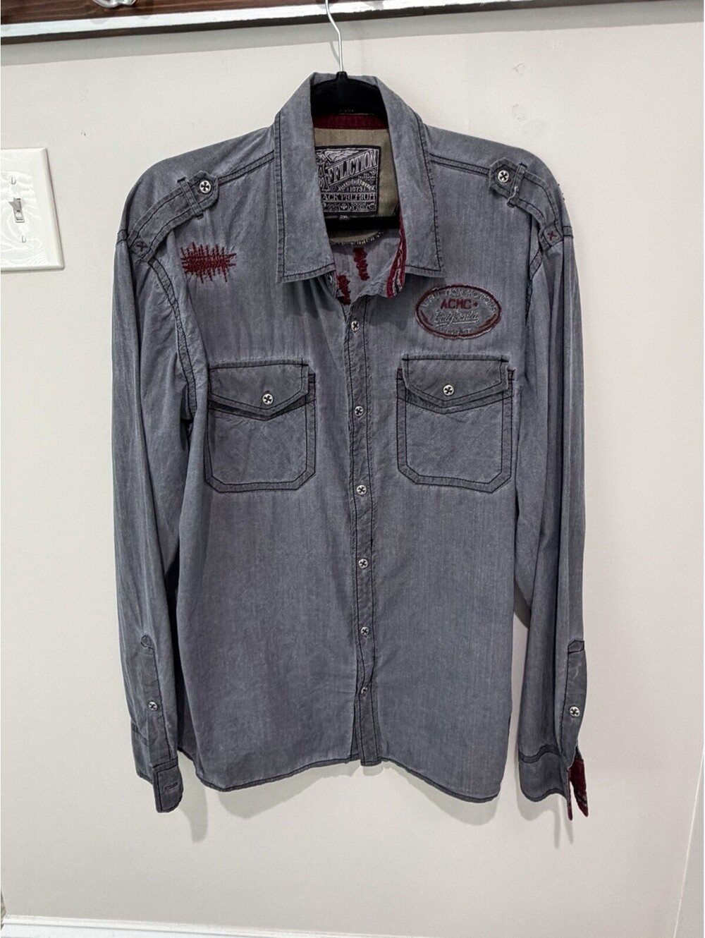 Affliction Black Premium Mens 2XL Slim Fit Button Down Shirt Skull Embroidered